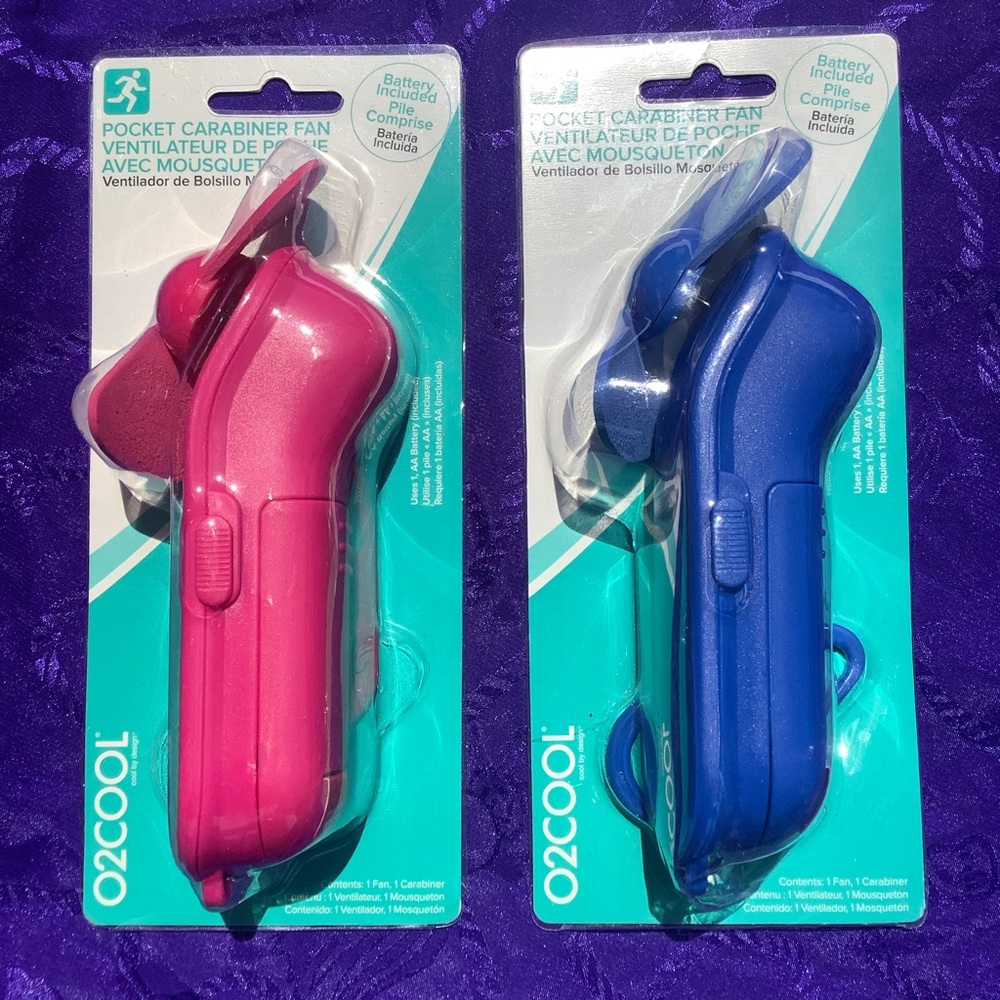 2 Battery Operated Pocket Fans with Carabiner Battery Included
